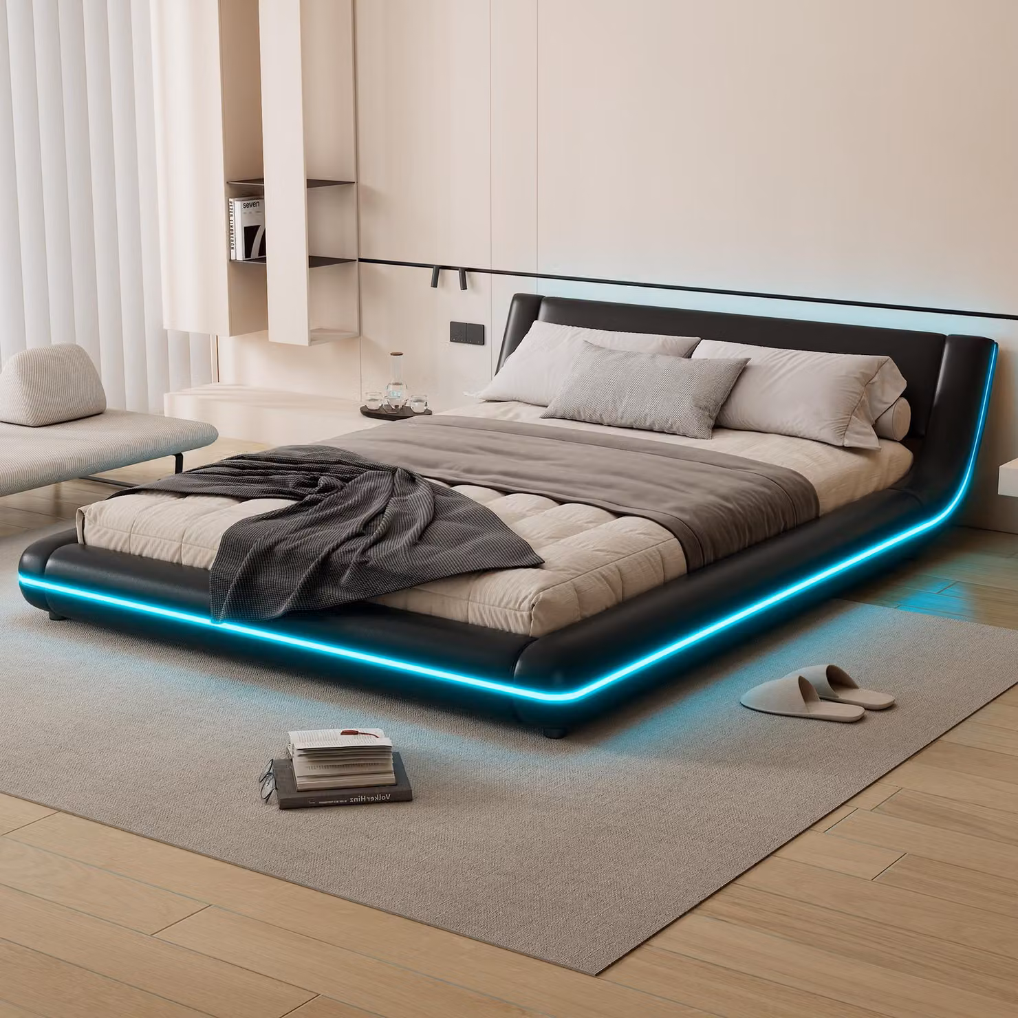 Letto imbottito Merax 140x200cm, letto piano con illuminazione LED, rete a doghe, letto matrimoniale, letto per bambini, letto per ragazzi, PU, nero