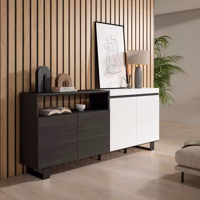 Credenza, Mobile, 200x35x87cm, 4 Porte, Design industriale, Bianco e nero RF2392