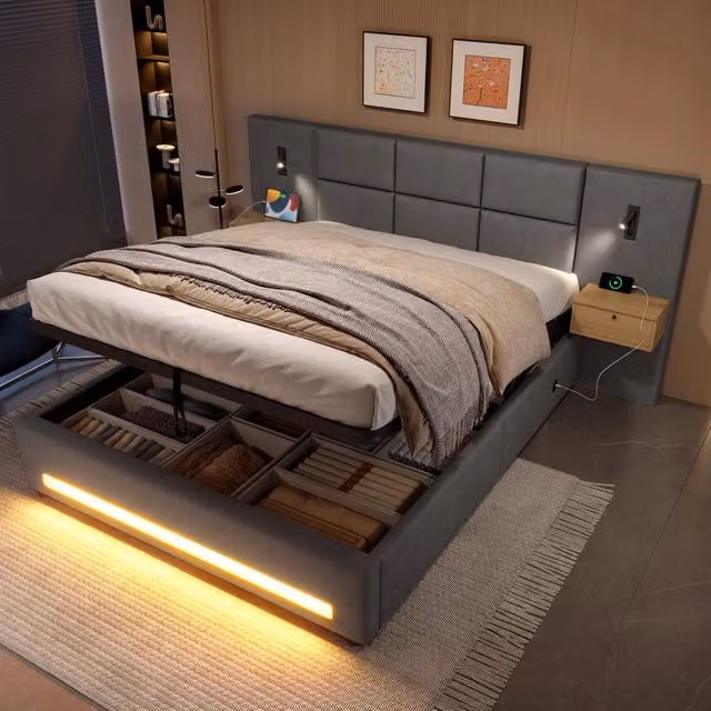 Letto contenitore 160x200 cm; matrimoniale con contenitore idraulico; cassetti; testiera; LED; USB e Type-C; velluto; grigio scuro