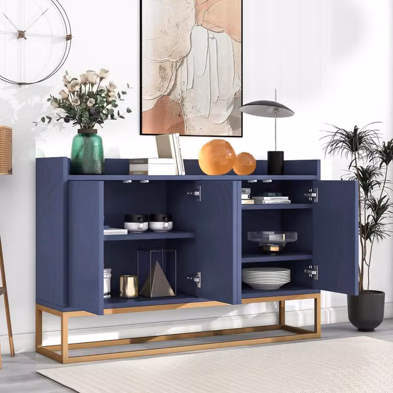 Mobile contenitore a 4 ante, senza maniglie, colore blu, dimensioni 120x30x80 cm, realizzato in pannello di particelle, MDF e struttura in metallo