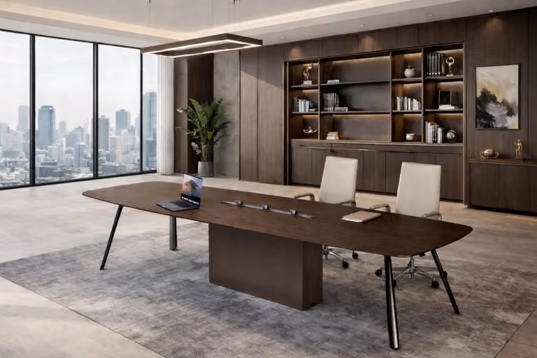 Robusto tavolo da conferenza marrone, design moderno, tavolo in legno per riunioni