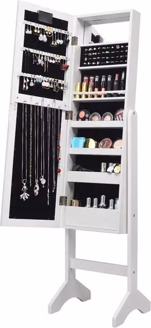 Armadio portagioie Design Mania con specchio a figura intera e luci LED, organizer bianco in MDF con ripiani e cassetti, H: 145 cm, L: 31,5 cm, P: 31,5 cm