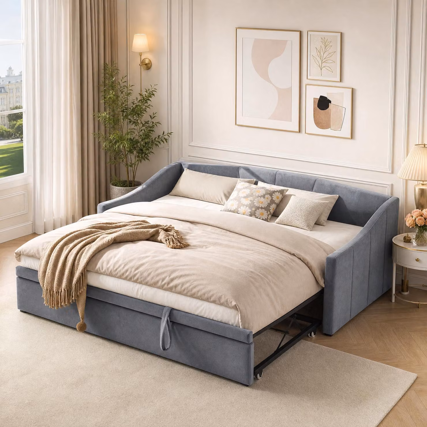 Divano letto INONEFT, 90 x 200 cm, con struttura imbottita, rete a doghe e testiera con schienale, letto matrimoniale con struttura estraibile, rivestito in velluto, colore grigio
