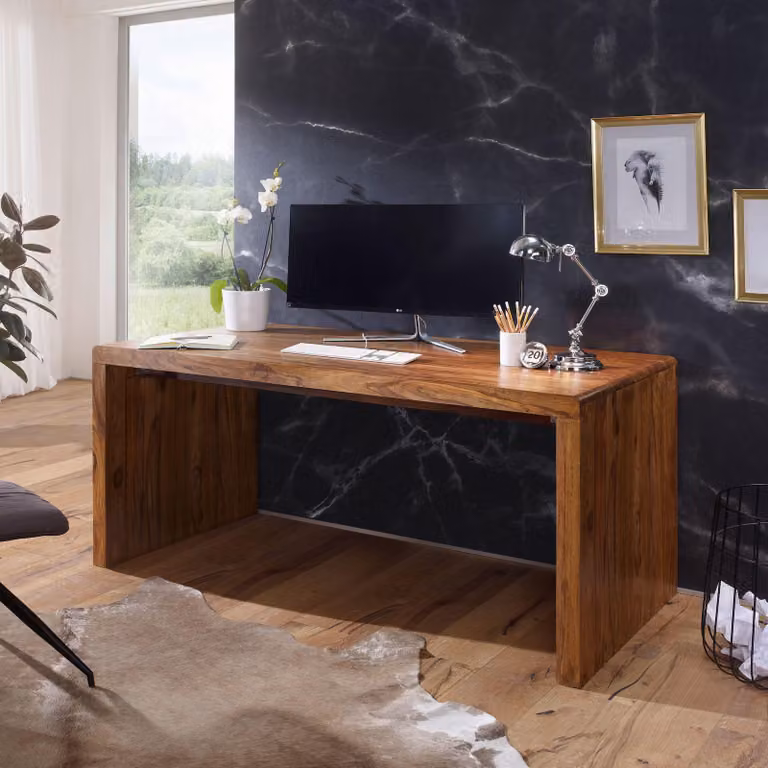 FineBuy scrivania in legno massiccio sheesham 180 cm scrivania per computer in vero legno design scaffale scrivania da ufficio stile country