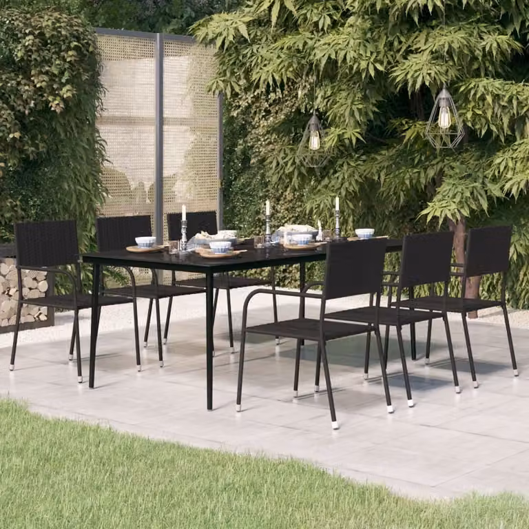 The Living Store Tavolo da pranzo da giardino nero 200x100x74 cm in acciaio e vetro