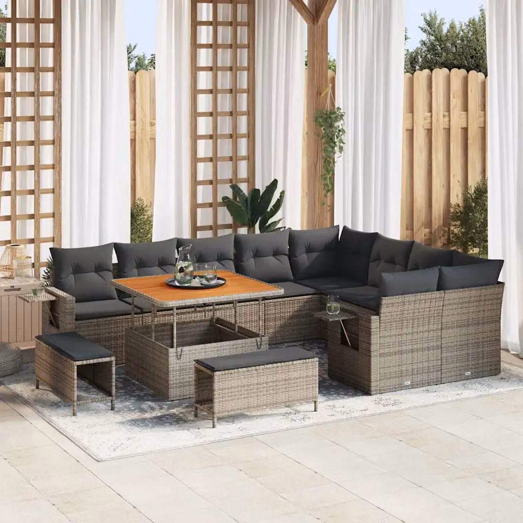 Set Divano da Giardino vidaXL 12 Pezzi in Polyrattan Grigio con Cuscini e Tavolino da Esterno – 1