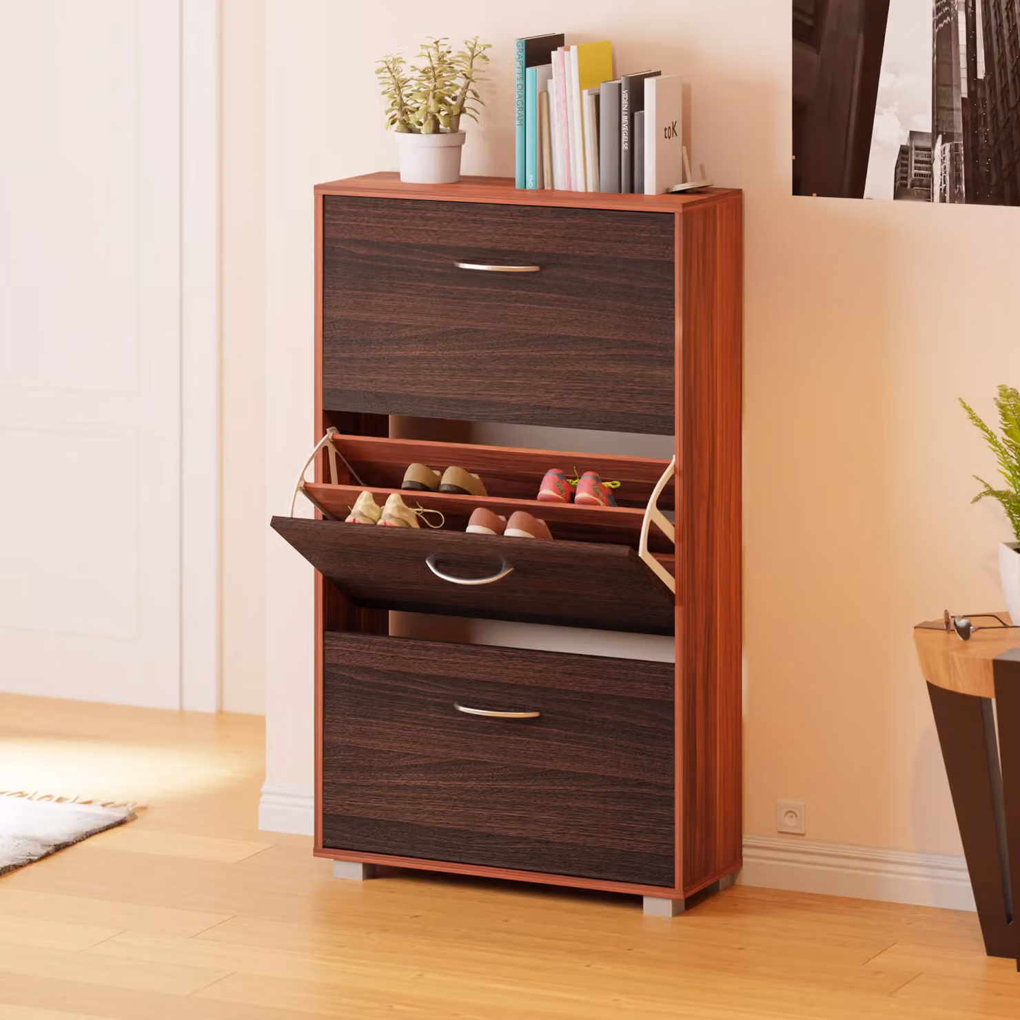 Scarpiera salvaspazio moderna Casaria® in MDF multicolore marrone e nero L: 115 cm, P: 60 cm, H: 24 cm – 2