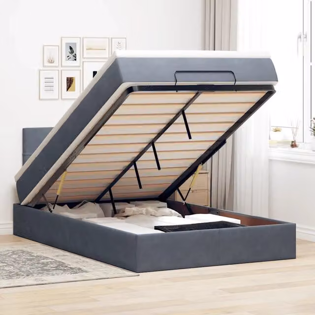 Letto con contenitore a sollevamento e materasso in velluto vidaXL, Colori Grigio e Bianco, L 120 x P 200 x H 203 cm