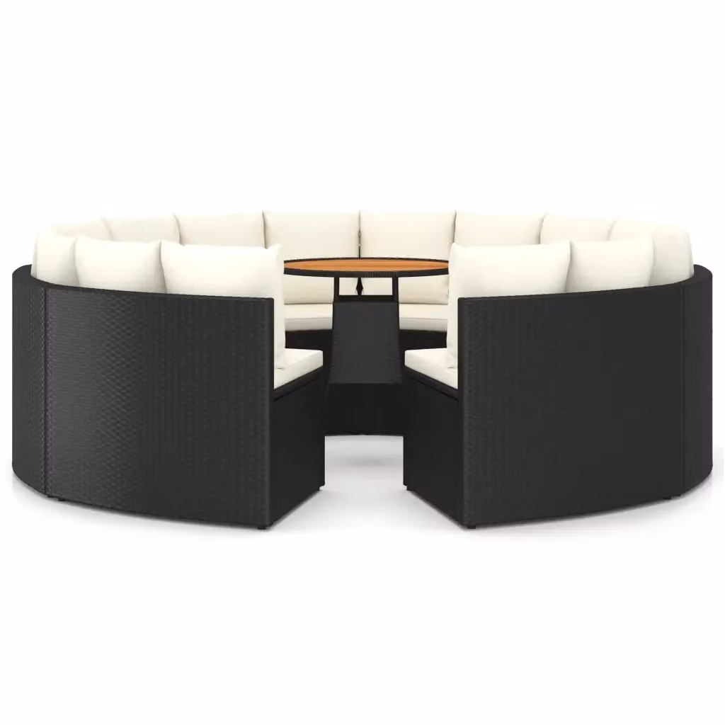 Set di Divani da Giardino vidaXL 9 Pezzi con Tavolino e Cuscini in Polyrattan e Legno di Acacia, Forma a U, Colore Nero, Marrone e Bianco – 2
