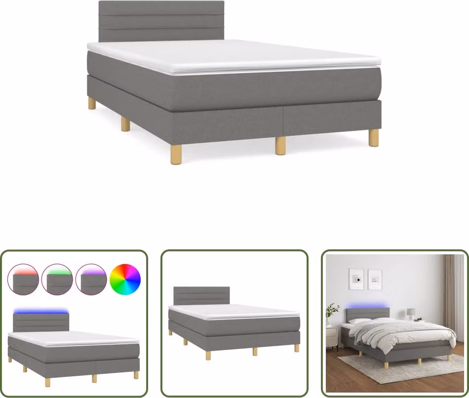 The Living Store Letto a molle con materasso e LED in tessuto grigio scuro 120x190 cm