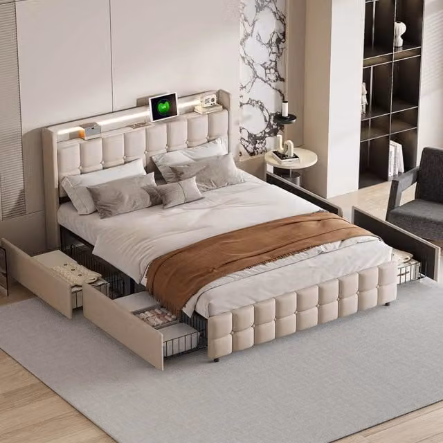Letto imbottito 180x200 con Contenitore,letto matrimoniale con USB e LED,con 4 cassetti,struttura letto con rete a doghe,Lino beige
