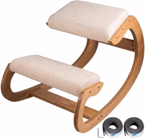 Sedia ergonomica inginocchiatoio VEVOR in legno di betulla, seduta posturale a dondolo con angolamento, colore bianco e beige per casa e ufficio