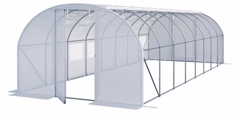 Serra Tunnel TOOLPORT con porta a battente, 3x8m telo in PE 180g/m² bianco trasparente