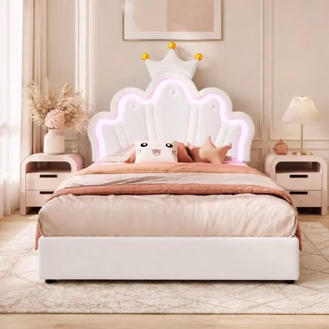 Letto imbottito singolo 90x200 cm con 2 cassetti e LED a 16 colori; PU bianco