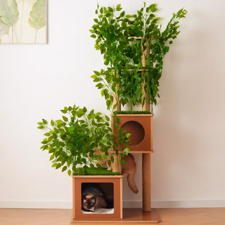MODFU, Albero per gatti Katzenbaum, 175 cm, taglia XXL, con 2 rifugi per gatti, pali in sisal per graffiare e piattaforme per arrampicarsi. Arredamento per gatti dal design a albero, adatto a più gatti. Colore: marrone e verde