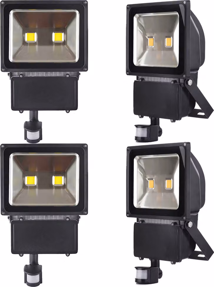 4 pezzi di faretti LED da 100 W con sensore di movimento PIR, Greenmigo bianco caldo impermeabile IP65 illuminazione di sicurezza super luminosa per giardino, cortile, magazzino, piazza, cartellone pubblicitario