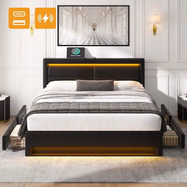 Letto imbottito 140x200 nero - Xylo - USB e LED