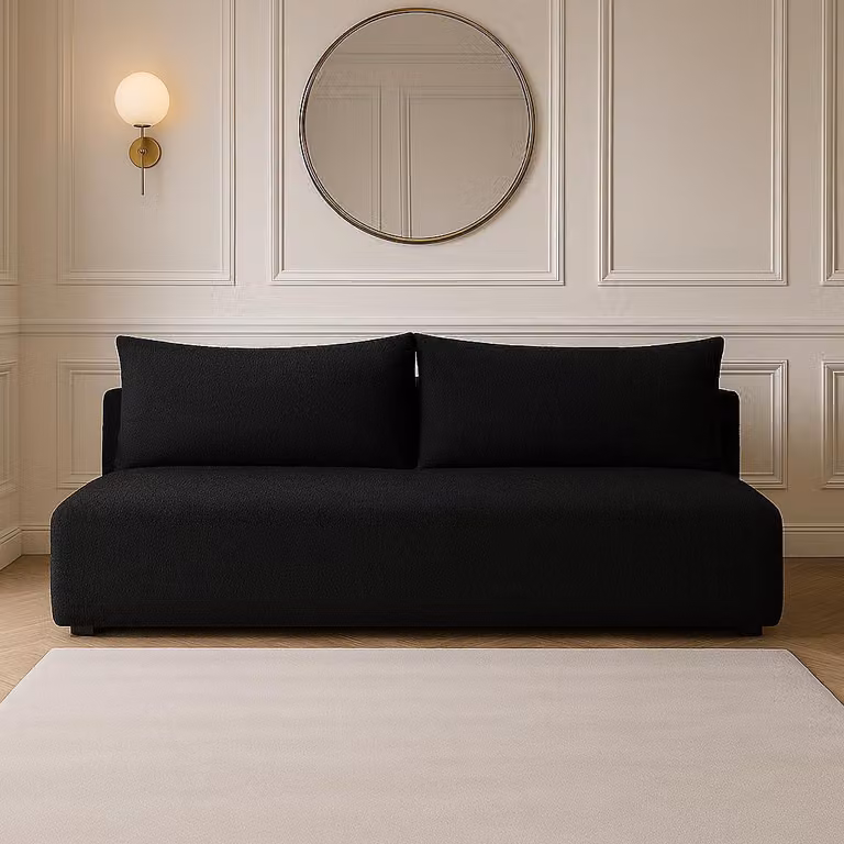 Sofello divano LUNO boucle con funzione letto nero - Divano moderno boucle per il vostro salotto, zona letto: 204×144 cm