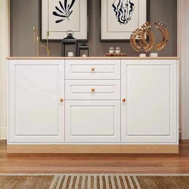 Credenza moderna MIVRAY con 3 ante, 2 cassetti e ripiani regolabili in bianco e legno, L 135.5 x P 39 x H 76 cm
