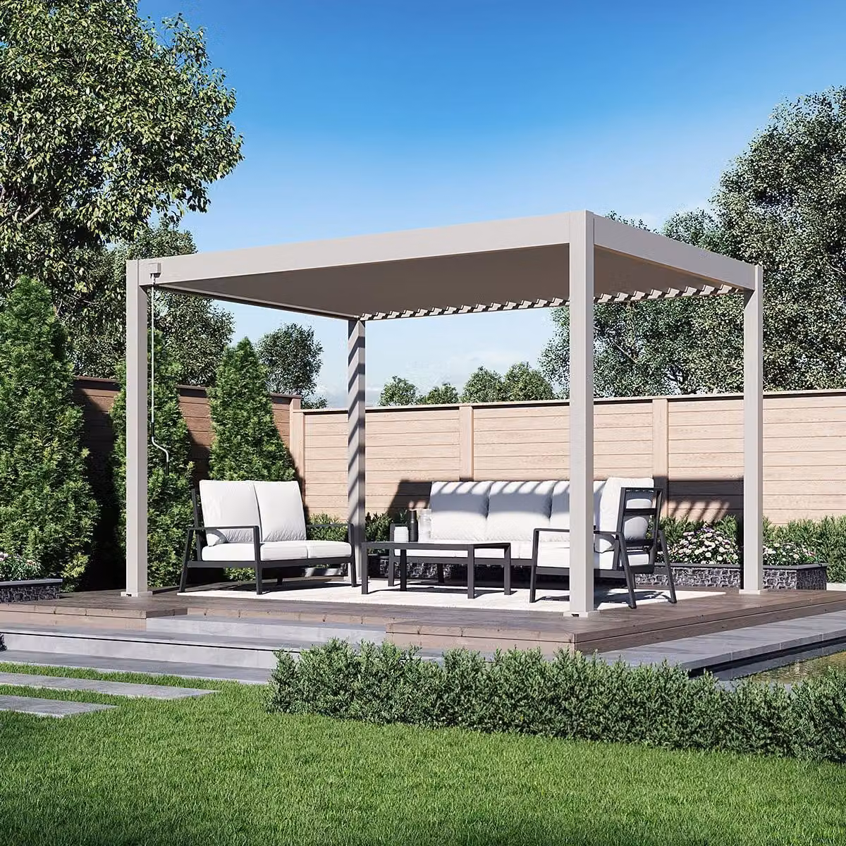Pergola Weide Deluxe interamente in alluminio 3x4 m con tetto a lamelle, modello indipendente, colore Ivory Sand