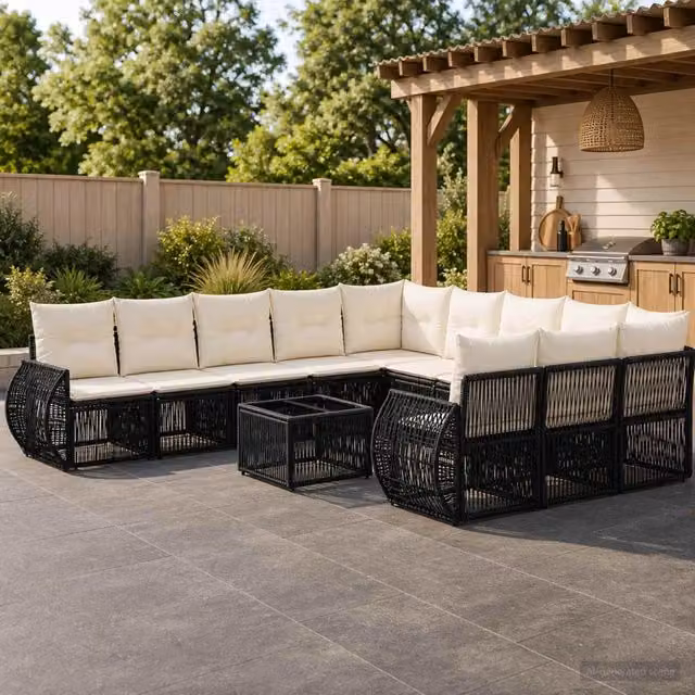 Set Divano da Giardino 12 Pezzi vidaXL in Polyrattan Nero e Bianco Crema con Tavolino e Cuscini