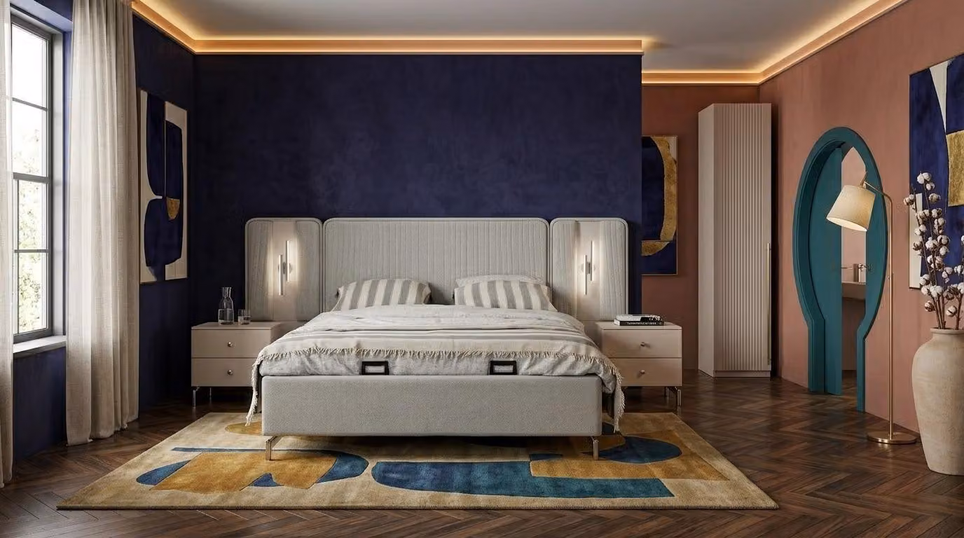 Bett con 2 comodini, mobiletto singolo, camera da letto, stile moderno, colore grigio, pratico