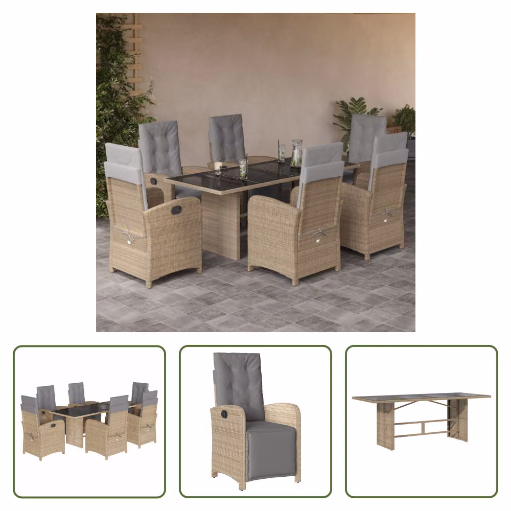 The Living Store Set da pranzo da giardino 7 pezzi con cuscini Beige poly rattan