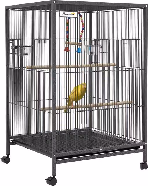 Gabbia per uccelli PawHut in acciaio e plastica con 5 porte, 2 posatoi e vassoio estraibile, Grigio, H 74 x L 46 x P 46 cm