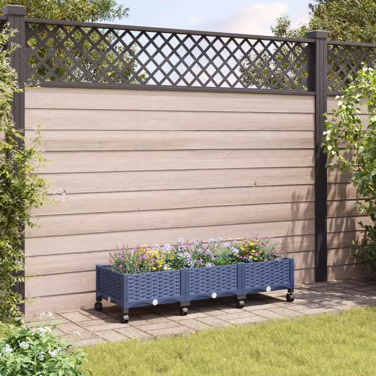 Vaso da giardino con ruote vidaXL in plastica, Blu Grigio, L 120 x P 40 x H 29 cm