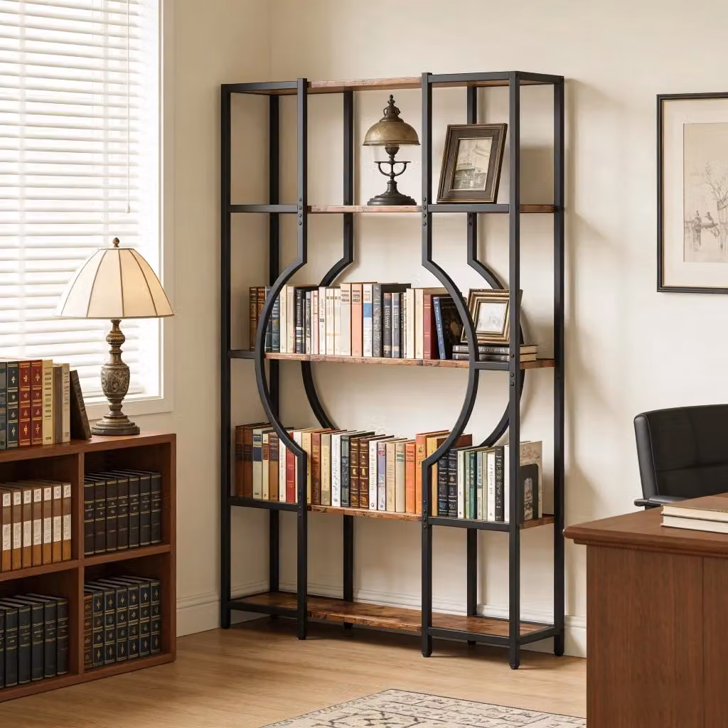 Libreria WISHDOR a 5 ripiani in stile industriale con struttura in metallo nero e legno, scaffale aperto per soggiorno o ufficio, L: 108 cm, P: 28 cm, H: 36,5 cm – 2