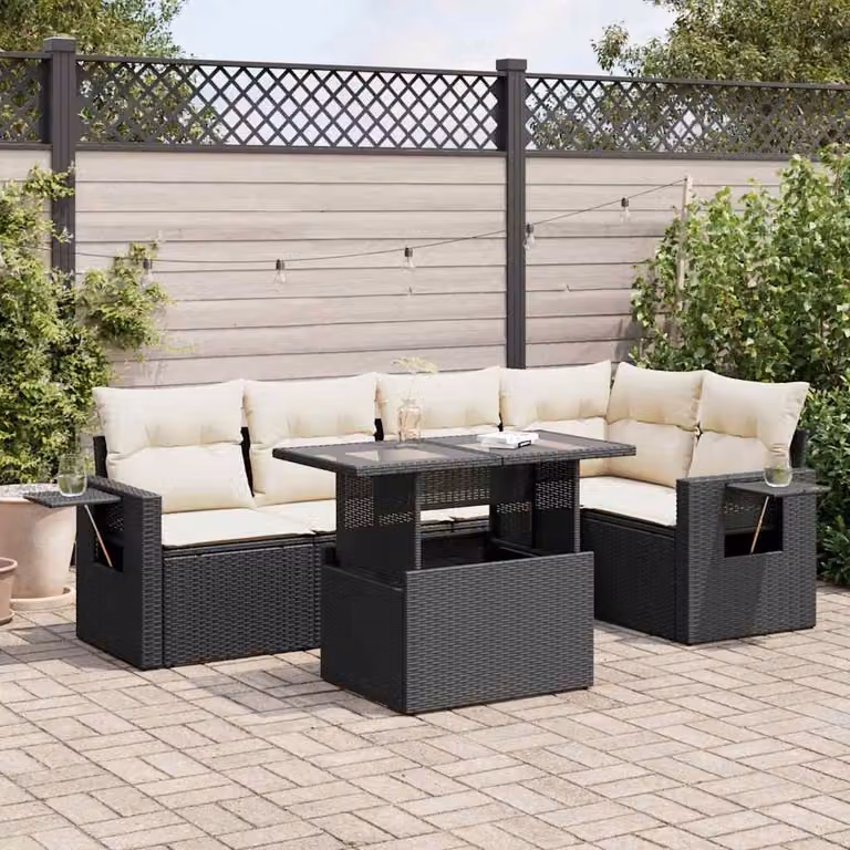 Set Divano da Giardino vidaXL 6 pz a Forma a L con Cuscini, Tavolino e Struttura in Metallo e Polyrattan, Nero