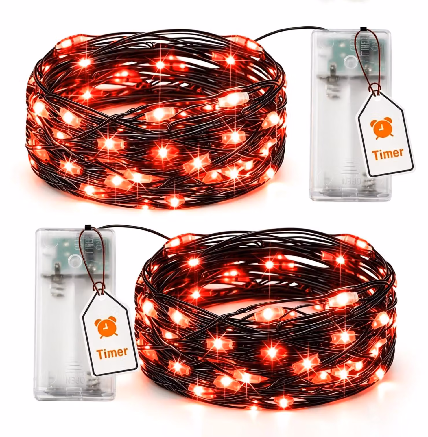 Catena luminosa a LED, set da 2, lunghezza 3 metri, 30 LED rossi, alimentazione a batteria, con timer