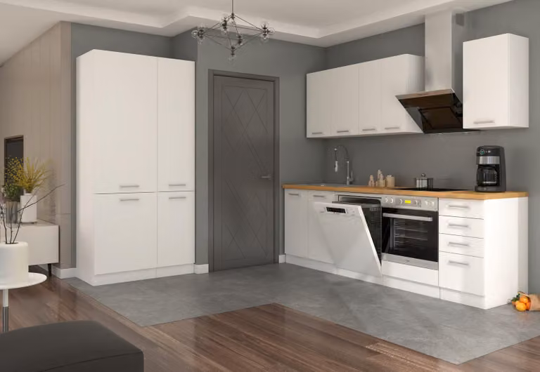 Cucina Eko White 240 + 100 cm, bianca, linea cucina, blocco cucina, cucina componibile, cucina monoblocco