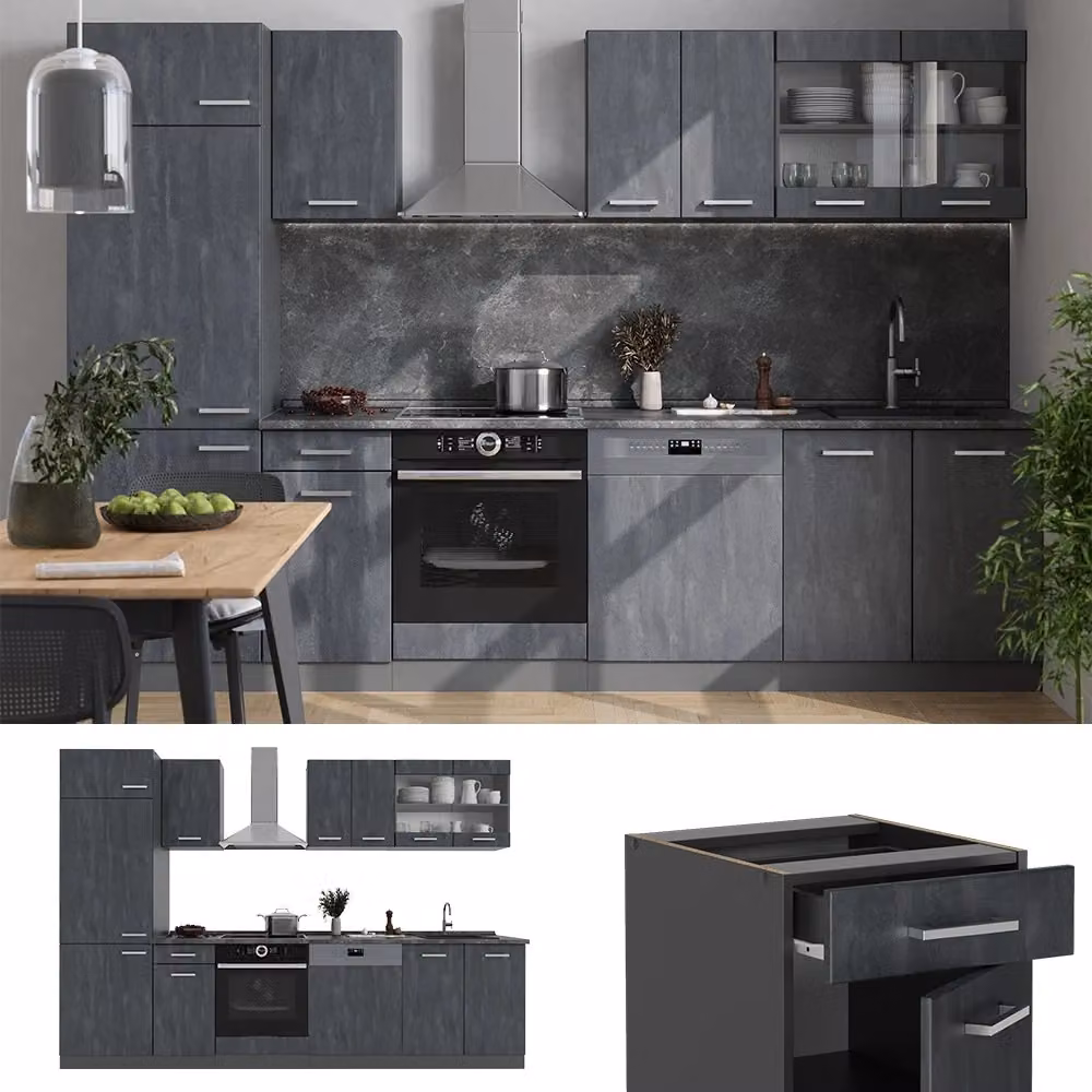 Cucina componibile moderna Vicco R-Line Calce nera e Antracite con piano effetto Marmo, L: 300 cm – 2