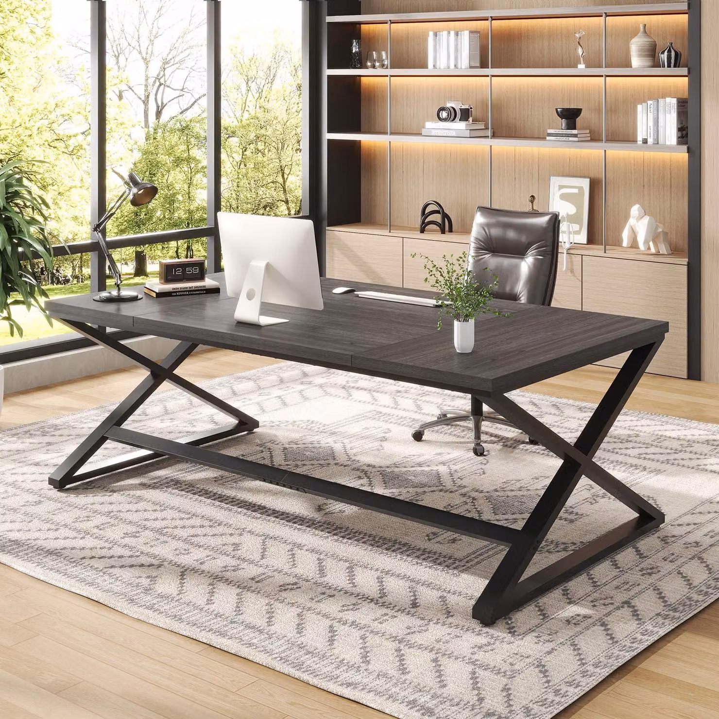 Scrivania in legno di quercia scuro - 180x80x75 cm - Struttura in metallo e piano in legno