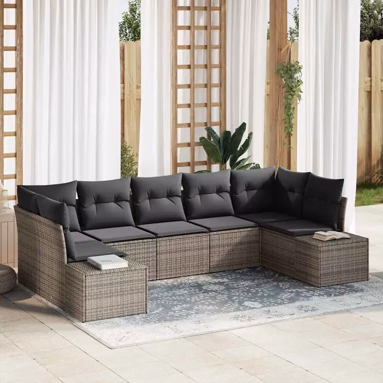 Set Divano da Giardino vidaXL a 7 posti in Rattan Grigio con Cuscini e Struttura in Acciaio