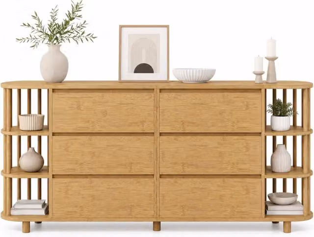 Credenza 160x40x75 cm in MDF e bambù; con 6 cassetti e ripiani laterali; colore rovere