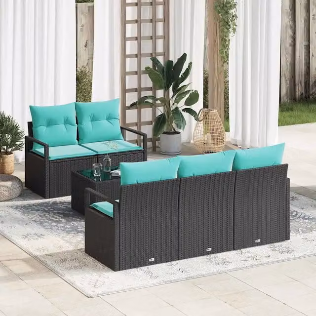 Set di divani 6 pz 5-Numero di posti Nero e Turchese polyrattan 3346266