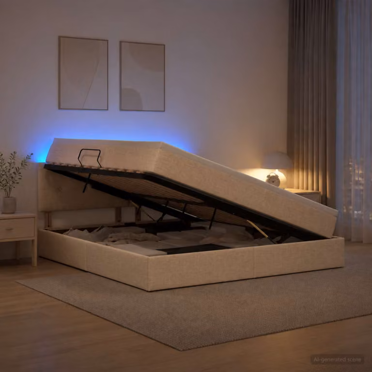 Letto con contenitore e materasso vidaXL con illuminazione LED, colore beige, L/P/H: 160 x 200 x 88 cm