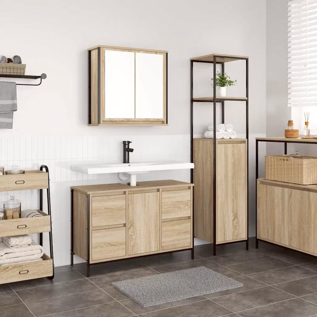Set di mobili per il bagno vidaXL composto da mobile lavabo e colonna alta, design moderno in legno e metallo, marrone e nero, L: 90,0 cm, P: 44,25 cm, H: 165,0 cm