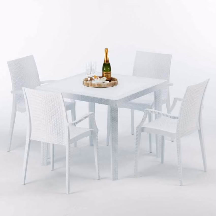 Tavolo quadrato bianco e 4 sedie in polipropilene colorato Set di bastoni per esterni Grand Soleil Arm Bistrot Love - Bianco