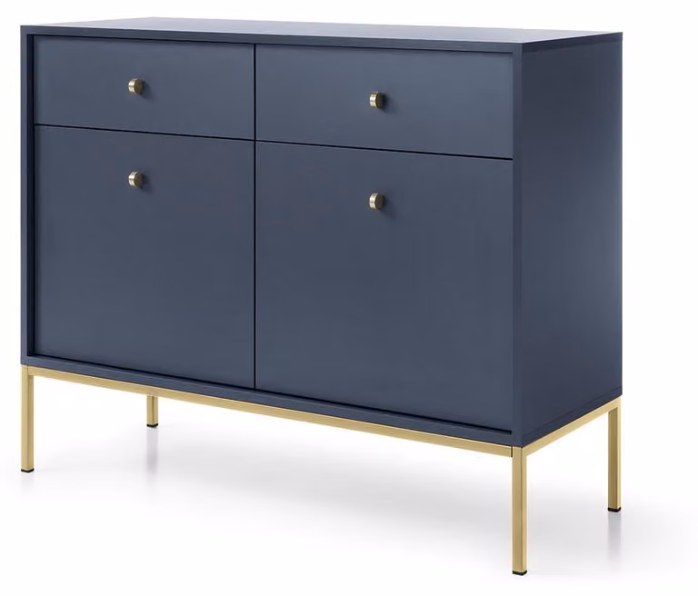 Comodino con due cassetti e due ante, color blu navy, maniglie dorate