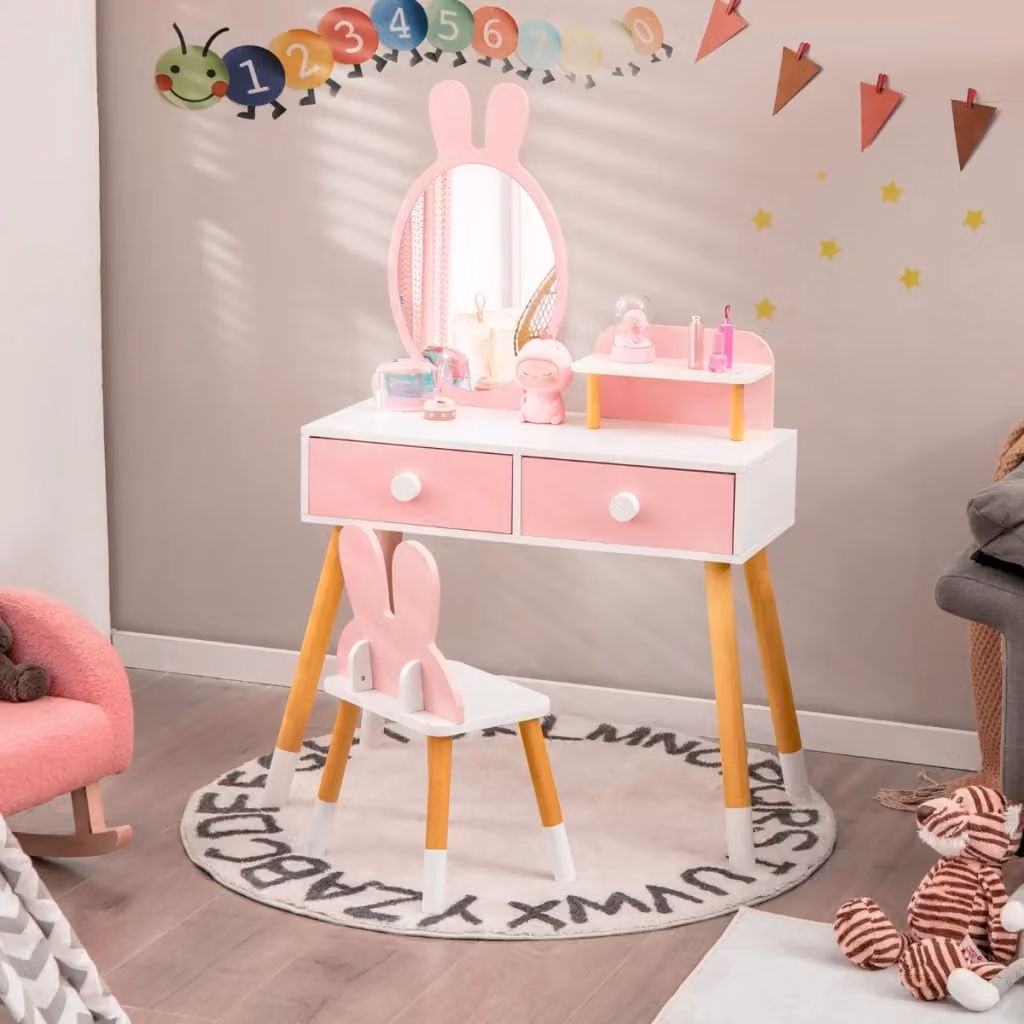 Set toeletta per bambini Design Mania con specchio a forma di coniglio, tavolo con cassetti e sgabello, colore rosa – 2