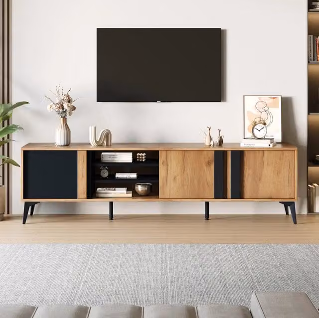 Mobile TV rustico MODFU in legno e metallo, nero e marrone, L/P/H: 180 x 40 x 50 cm