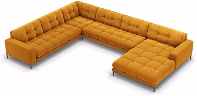Divano panoramico sinistro Bali Cosmopolitan Design in velluto giallo a 7 posti con struttura in metallo L/P/H: 327 x 125 x 75 cm