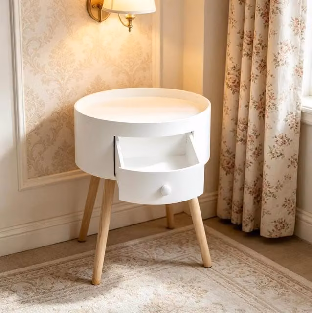 Comodino rotondo MODFU con cassetto e vassoio superiore in MDF e legno massello, bianco e beige, L/P/H: 38 x 38 x 45 cm