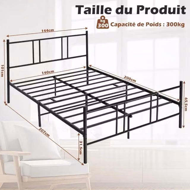 Struttura Letto in Metallo 200 x 140 cm Letto a Piattaforma Matrimoniale Robusto con Testiera per Camera da Letto Nero
