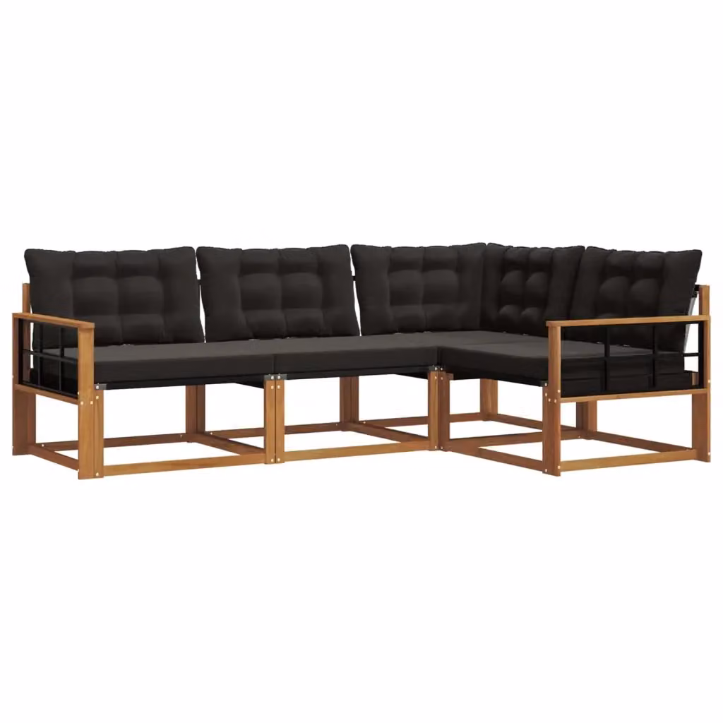 Set di divani da esterno a L vidaXL in legno di acacia e textilene, colore marrone e nero, composto da 4 pezzi con cuscini inclusi – 2