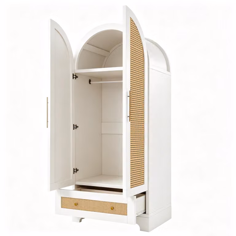 Armadio 70 x 55 x 170 cm, armadio bianco con doppia porta, 2 cassetti, 1 vano portaoggetti, design in rattan