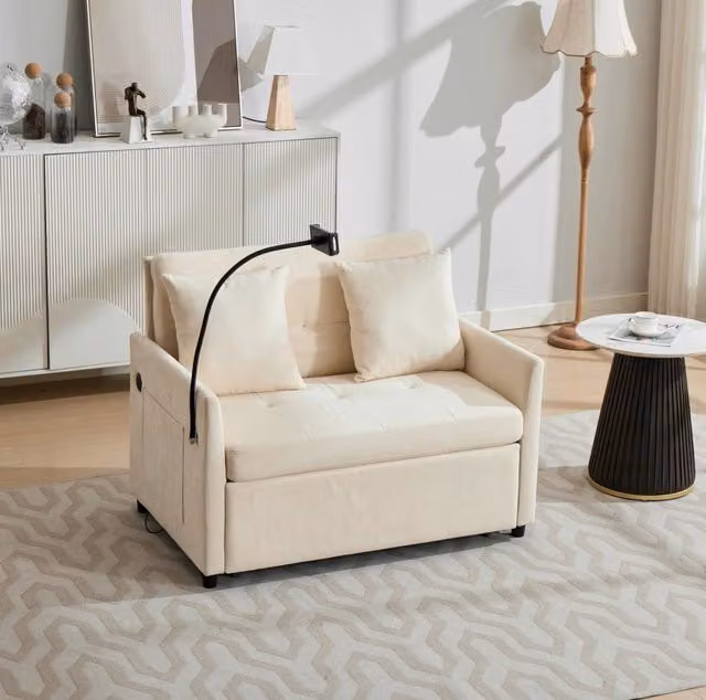 Divano letto singolo multifunzione con porta USB e supporto tablet; rivestito in tessuto beige HOMVRA